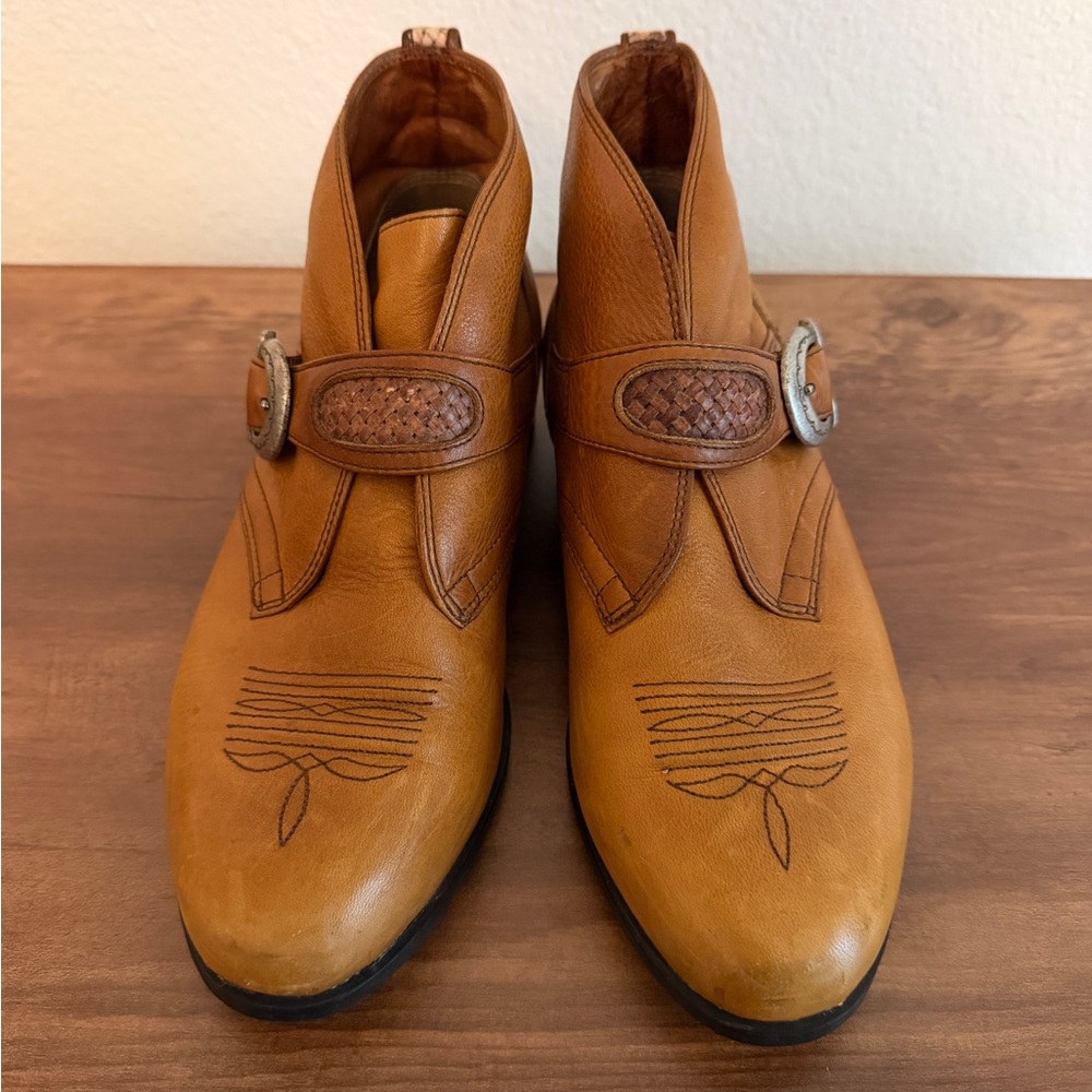 Ariat Tan Leather Ankle Booties with Decorative Buckle